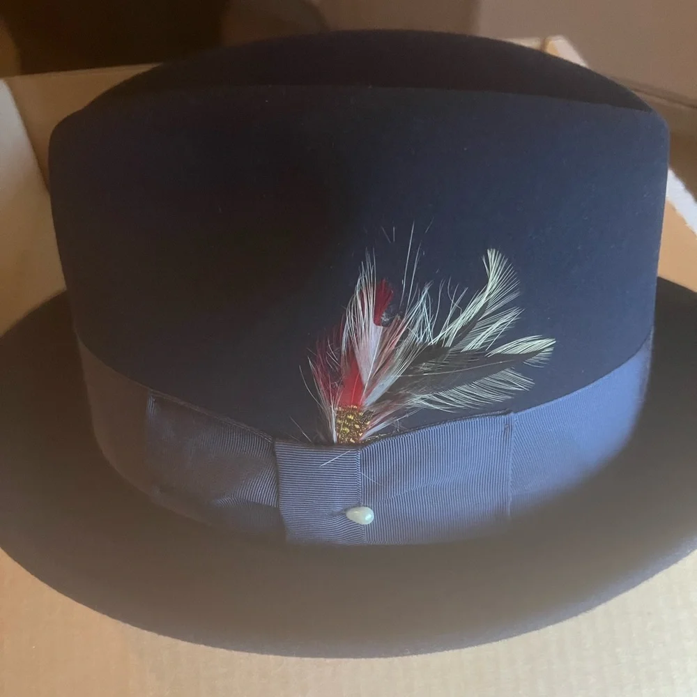 BLACK FRIDAY SALE-Men’s Blue Wool dress hat with satin ribbon and feather - Picture 5 of 9